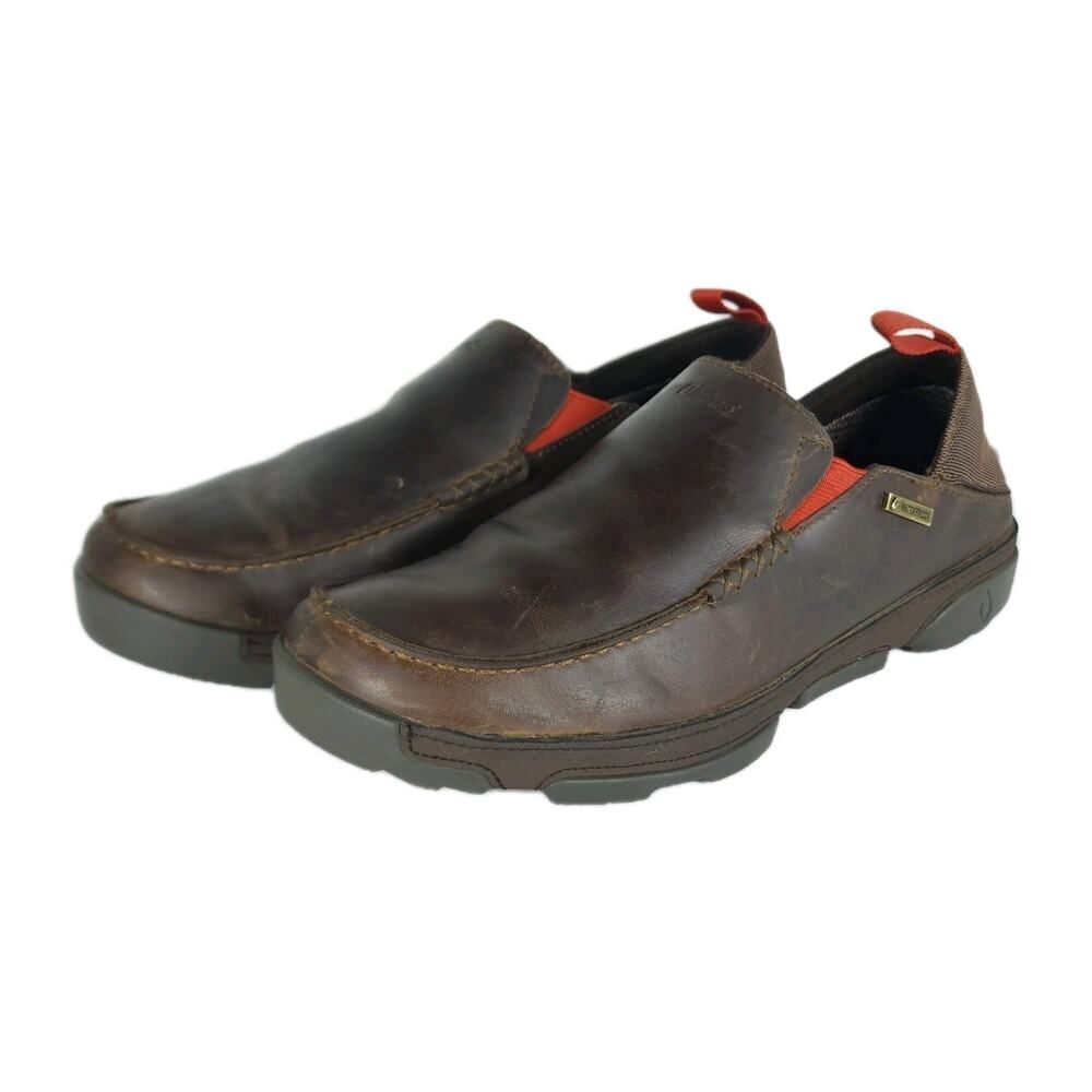 OluKai Men's Nai'WP US 9,5 Brown Leather Waterproof Slip On Flats Loafer Shoes